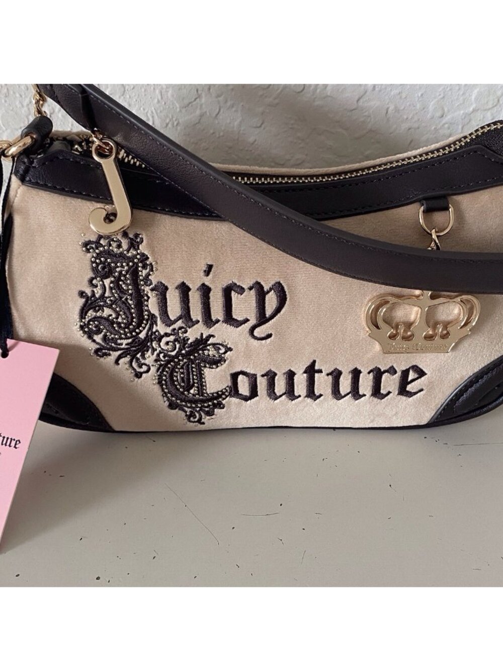 Juicy Couture Juicy Renaissance Shoulder Bag In Buff Beige W/Charm Crown Velvet - Picture 3 of 13